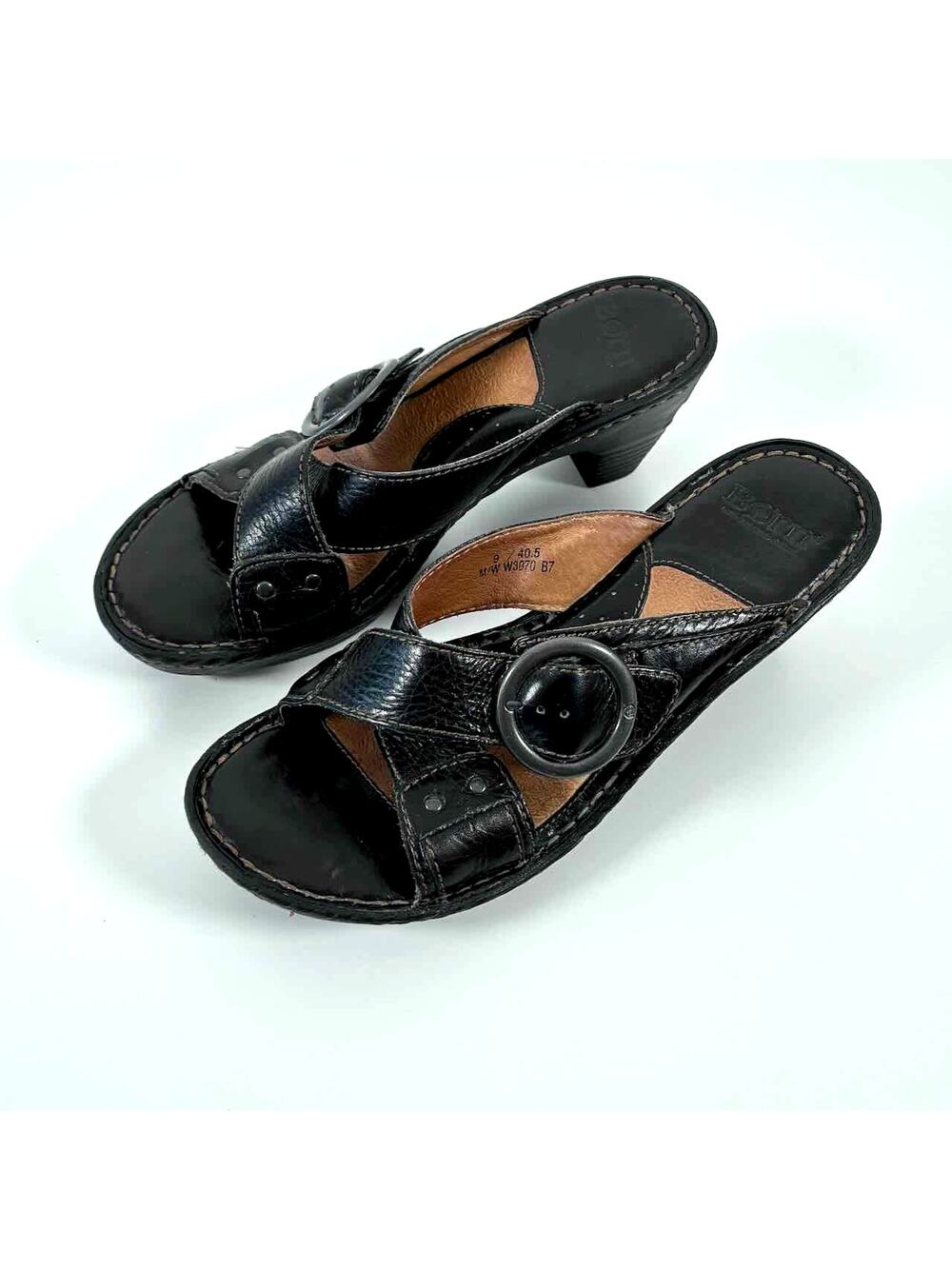 Born Women's Black Leather Buckle Criss Cross Heel Sandals Slides - US 9M